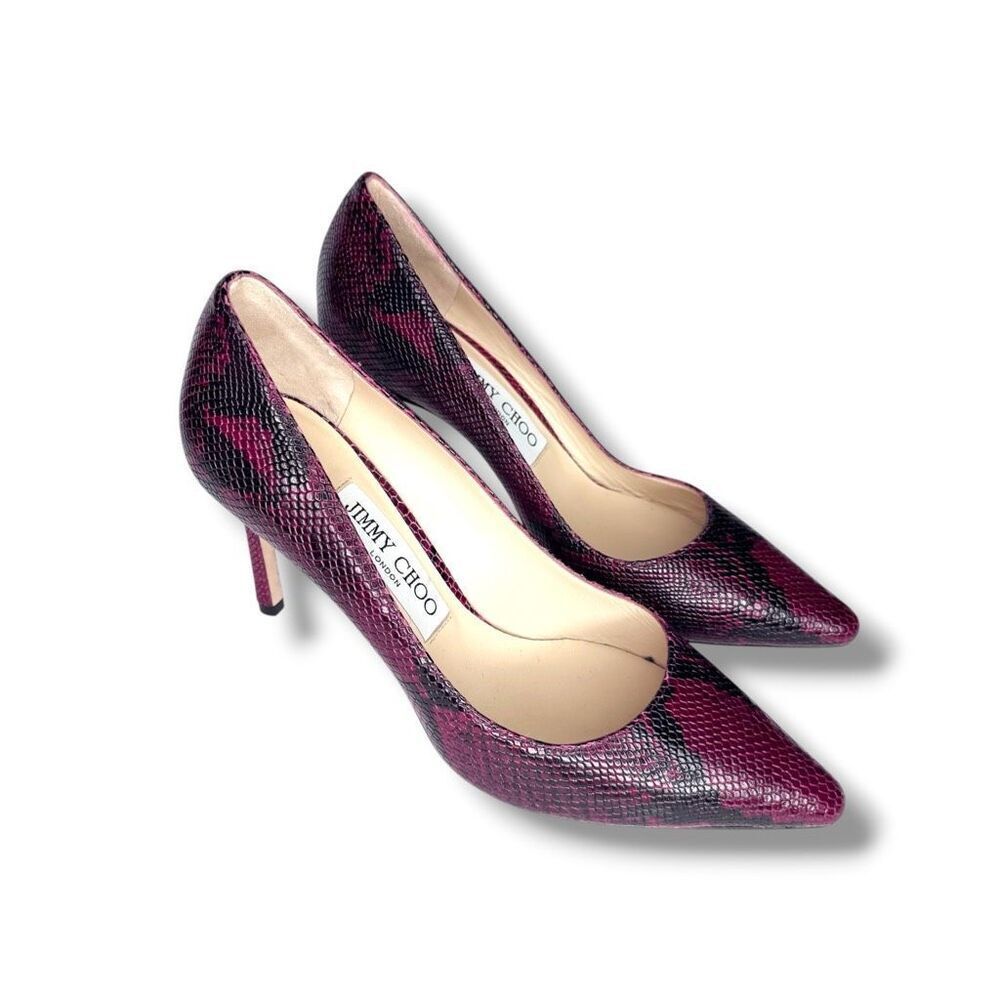 Jimmy Choo 85 Maroon and Black Painted Python Pointed Toe Pumps Women’s Size 36